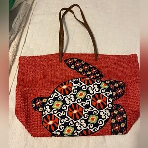 Vera Bradley Red Woven Tote Bag With Sea Turtle Motif